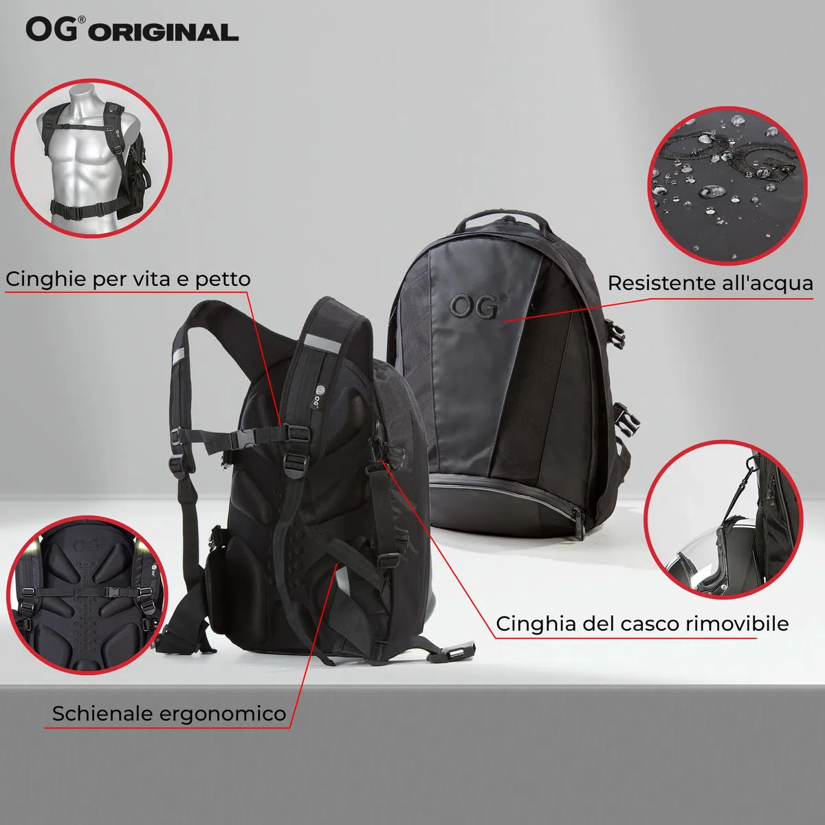 OG Original EZ-RiderPRO Zaino Moto Nero Espandibile 28-35L, Borsa Porta-Casco, Cinghia per Casco, Impermeabile, Portatile, Rifrangente, Logo Nero