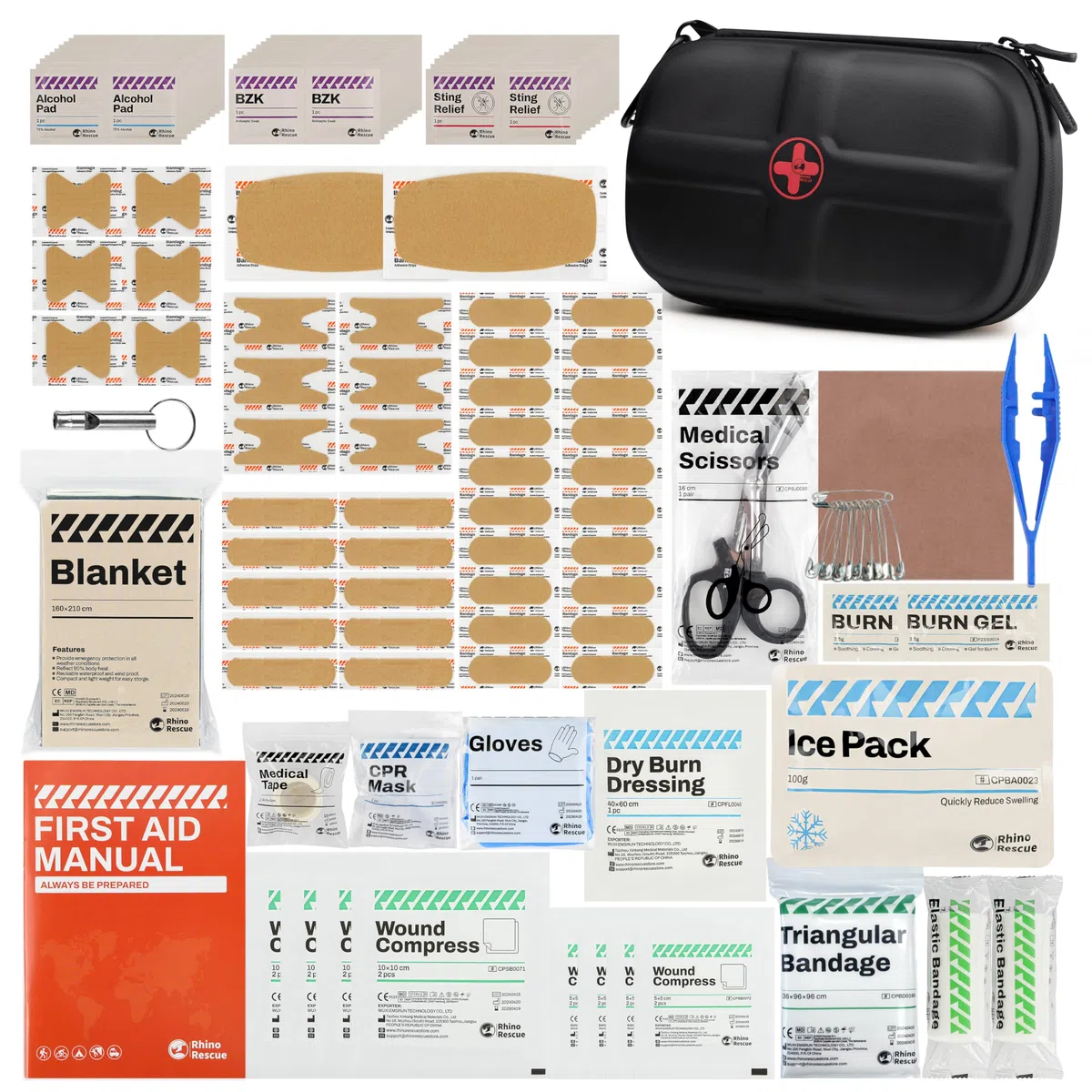 RHINO RESCUE Mini Kit di Pronto Soccorso, Piccolo Elemento di Emergenza Portatile Impermeabile per Viaggi, Casa, Auto, Dormitorio, Campeggio, Escursionismo (Nero)