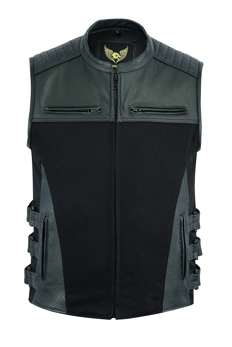 Leatherick Gilet da motociclista Warrior in pelle di bufalo in denim e pelle di bufalo, stile tattico da uomo con tasche per pistola e pannelli perforati
