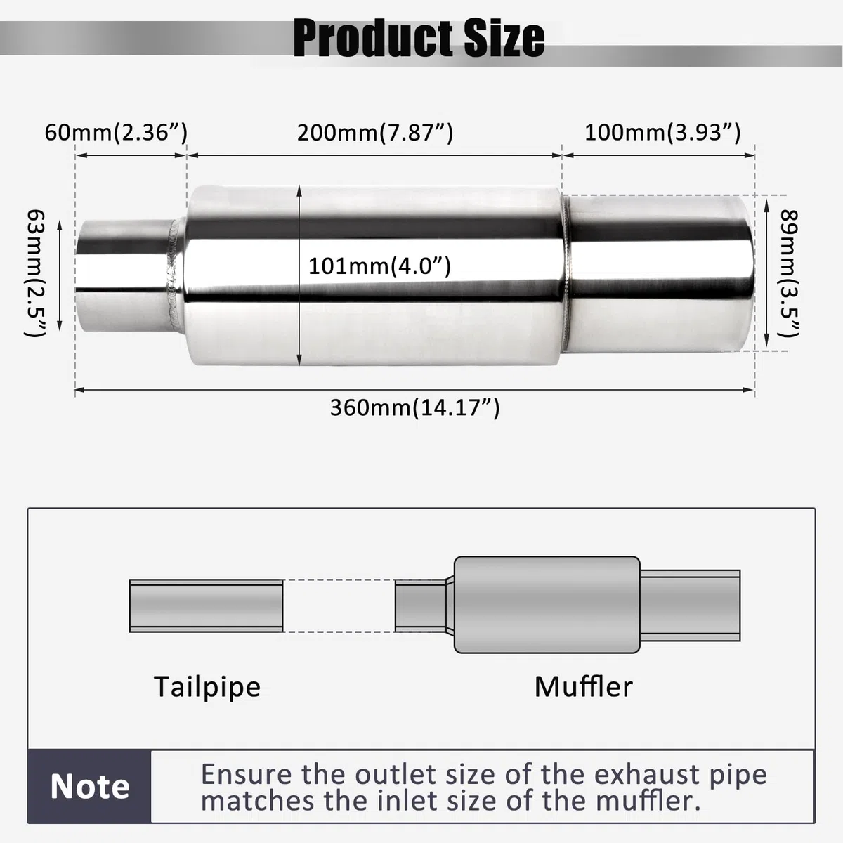 Catekro Silenziatore finale in acciaio inossidabile ingresso 63mm, Silenziatore scarico Scarico sportivo ingresso 2,5" uscita 3,5" 14,17" Silenziatore finale scarico Risonatore Sostituzione per Auto