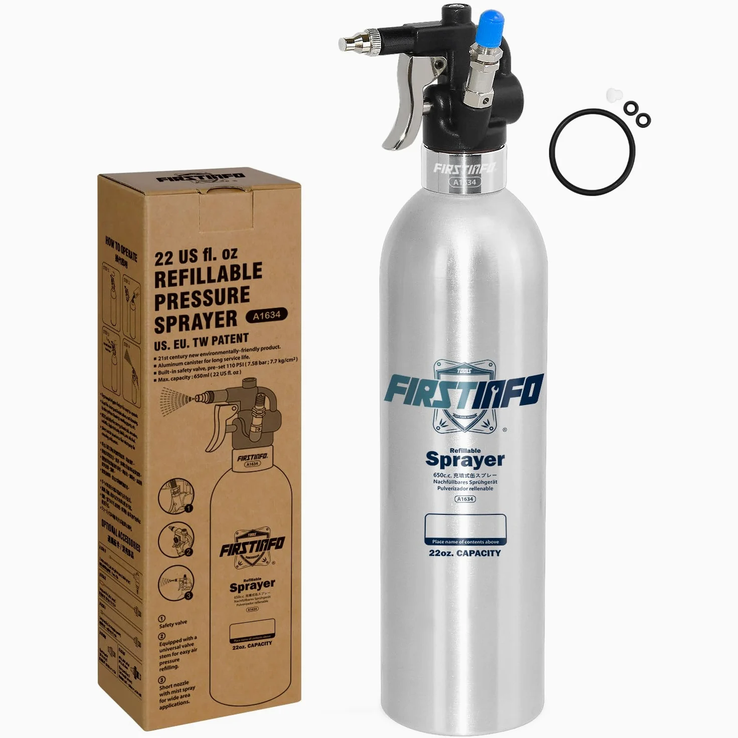 FIRSTINFO A1634 | Bottiglia spray ricaricabile per pulitore freni 650 ml | Alluminio | Spruzzatore a pressione max 110 psi | Bomboletta aerosol riutilizzabile | Ugello nebulizzazione