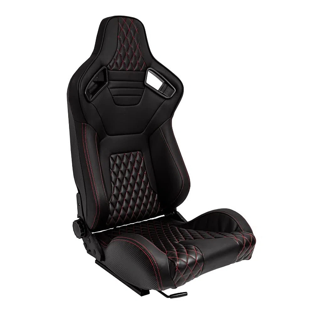 Sedile Sportivo 'AK' - Finta pelle Nero + Cucitura Rossa - reclinabile doppia regolazione - incl. Slitte