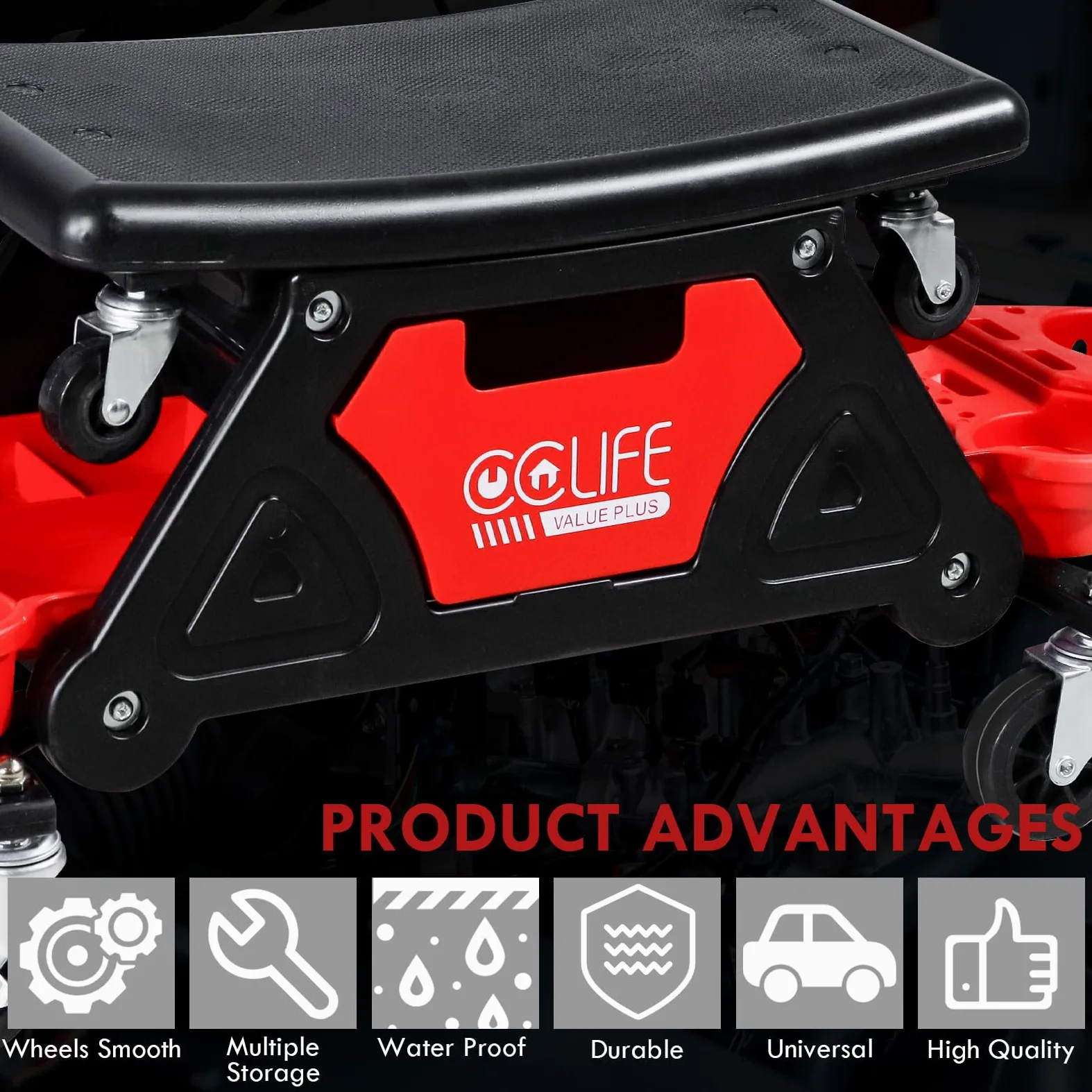 CCLIFE Sgabello da Officina con Ruote con Rotazione a 360° Le Ruote Possono Essere fissate, Piastra del Sedile Rimovibile, per Riparazione Auto autoveicoli