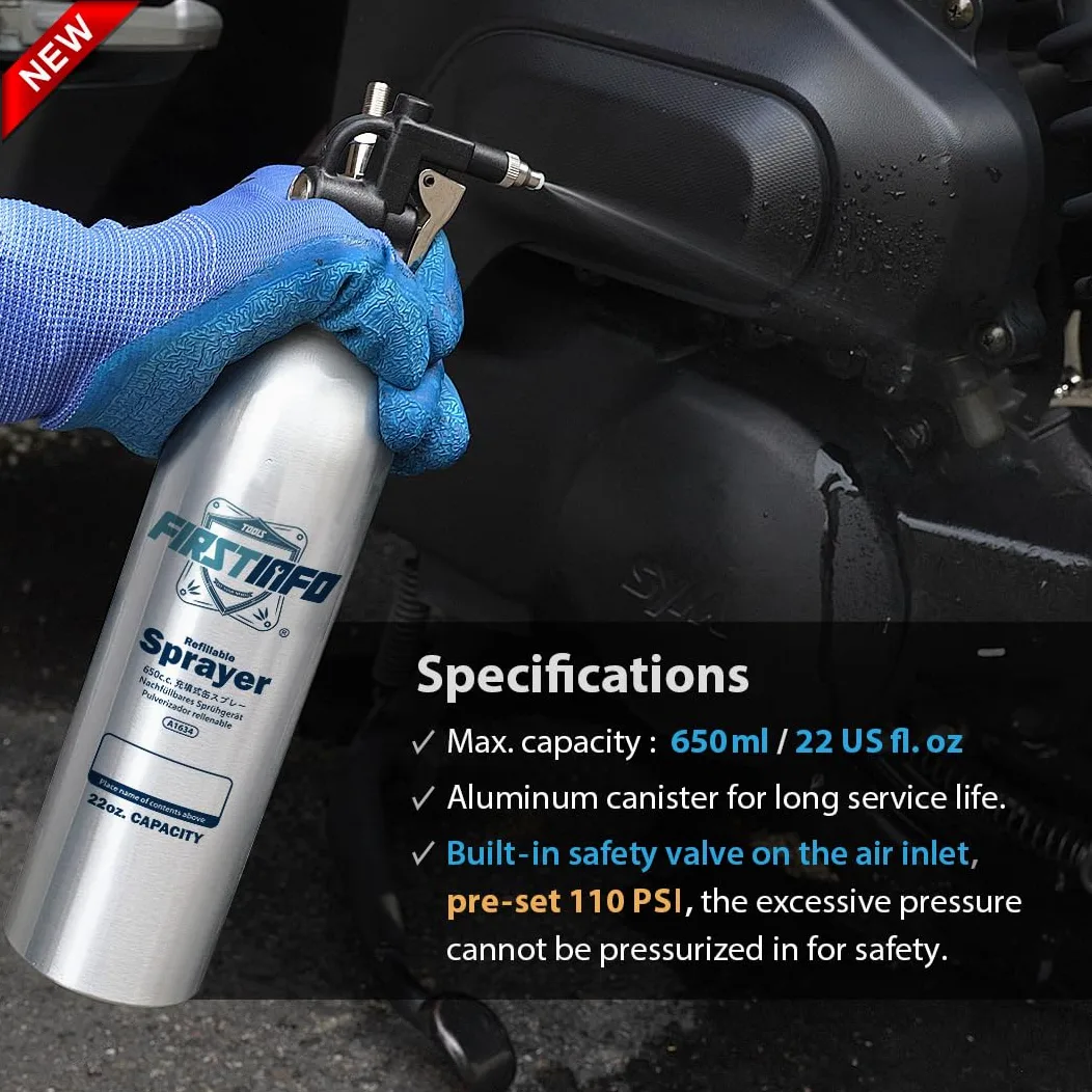 FIRSTINFO A1634 | Bottiglia spray ricaricabile per pulitore freni 650 ml | Alluminio | Spruzzatore a pressione max 110 psi | Bomboletta aerosol riutilizzabile | Ugello nebulizzazione