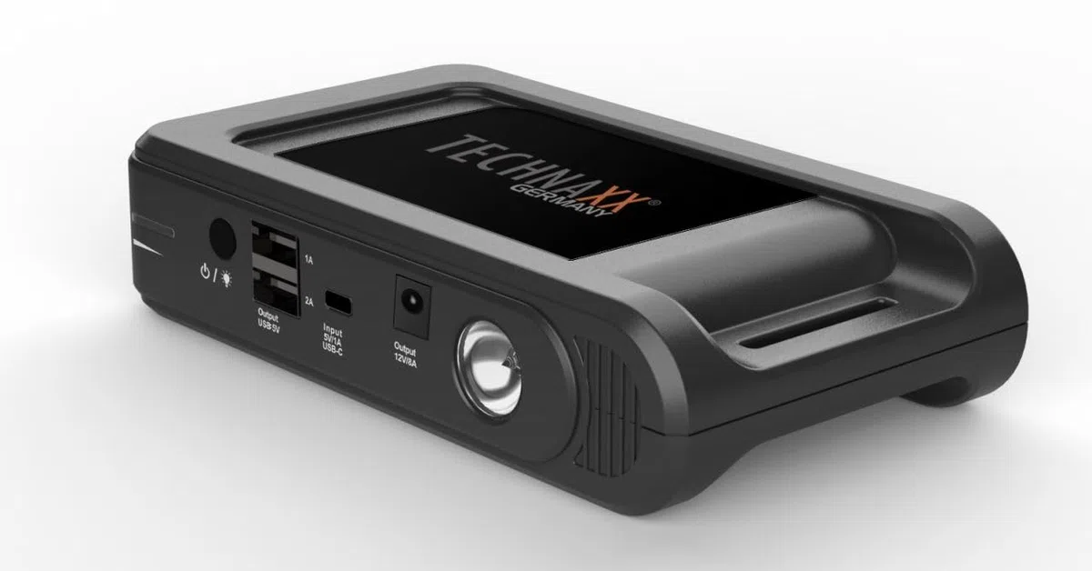 Set di avviamento della batteria auto da 12000 mAh Technaxx (benzina fino a 4,0L / diesel fino a 2,5L) con power bank TX-218 - Dispositivo di avviamento portatile con 2 porte di ricarica USB-A