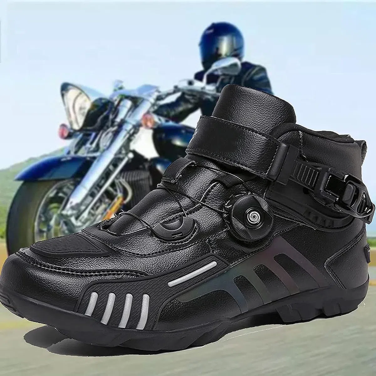 Scarpe da Moto da Uomo Stivaletti Corti da Motocross Neri in Pelle Impermeabile, Scarpe da Fuoristrada da Moto Stivali Sportivi da Corsa