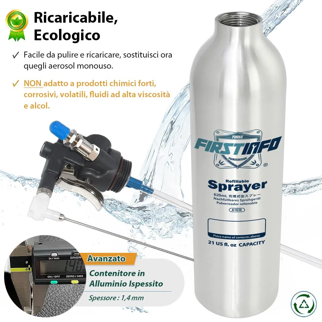 FIRSTINFO A1638 | Bottiglia spray riutilizzabile per pulitore freni 620 ml | Alluminio | Spruzzatore a pressione max 140 psi | Bomboletta aerosol spessa | Ugello two-way