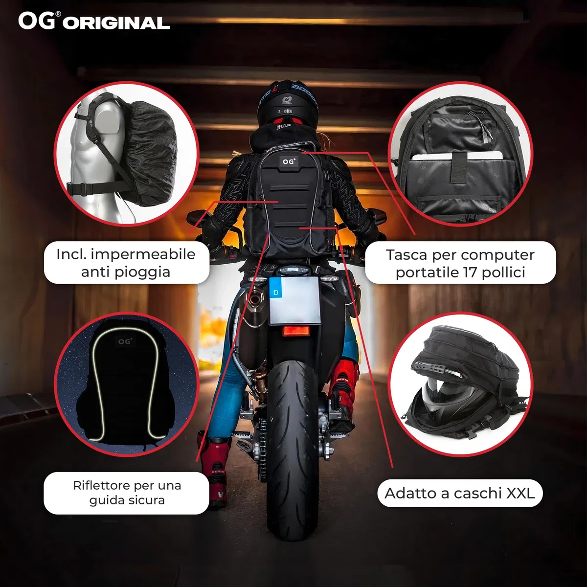OG Original CityRunner Zaino Moto, Impermeabile, Espandibile 30-35L, Borsa Porta-Casco Moto, Cinturino per Casco, Grande Capacità, Laptop, Rifrangente, USB