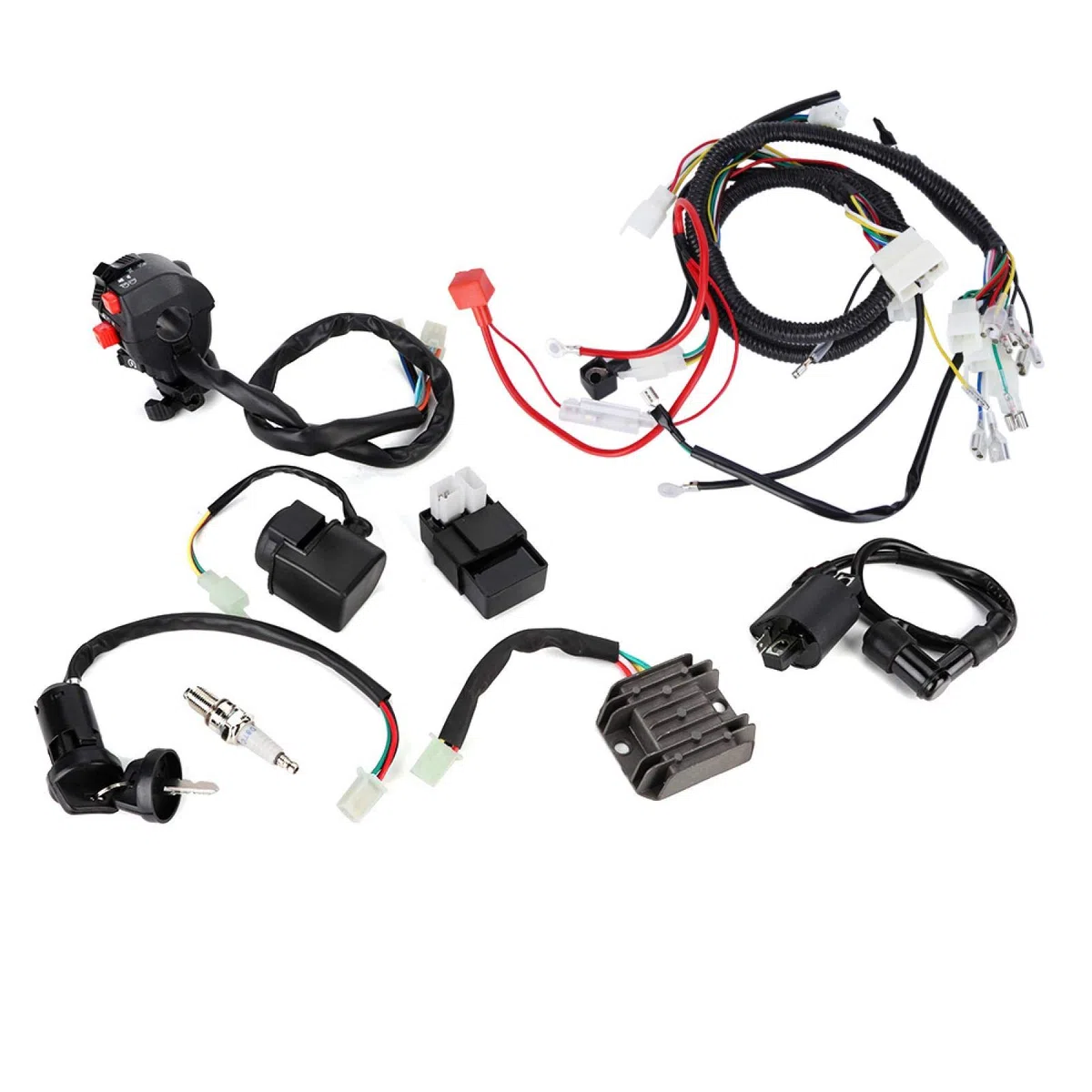 Kit Completo di Cablaggio Quadruplo Kit di Cablaggio Elettrico ATV con Relè Solenoide Interruttore di Accensione CDI per Quad ATV 200-300cc