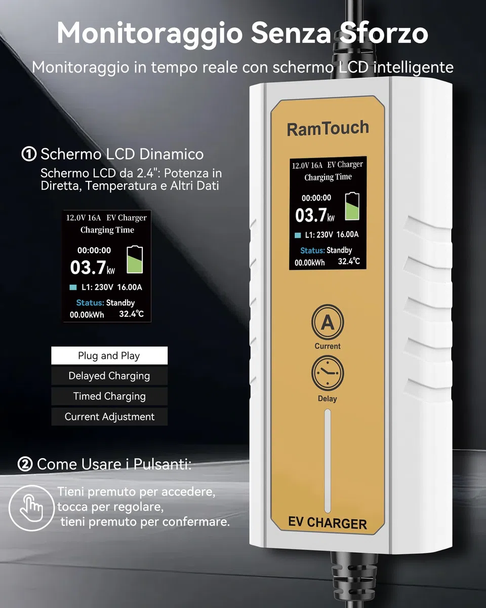 Caricabatteria da Auto Elettrico (3,7 KW, 10,5 m, Tipo 2, Schuko) - Cavo di Ricarica con amperaggio Regolabile 6A-16A, Ricarica ritardata e Programmata, terminale di Ricarica Mobile per EV e