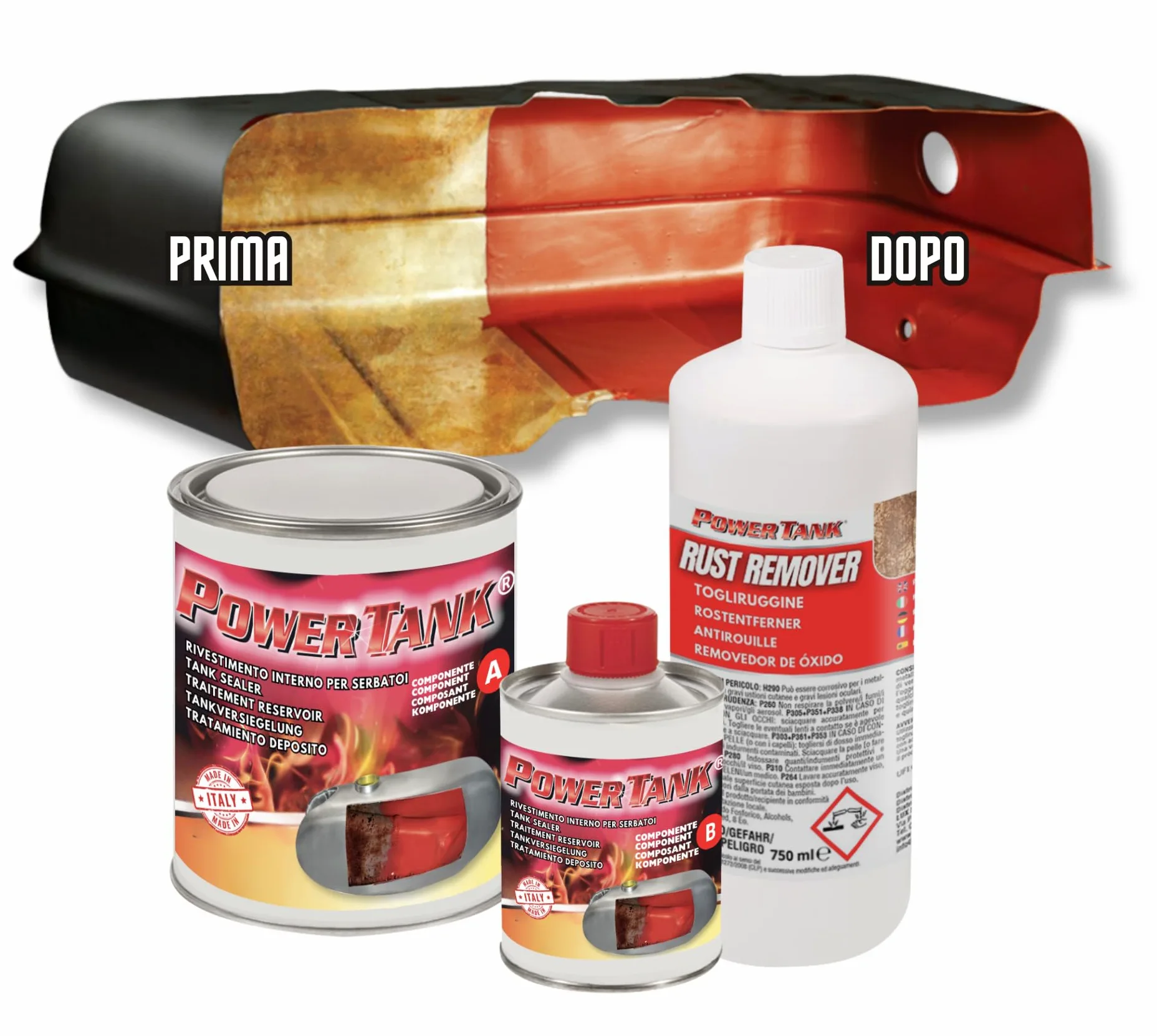 POWER TANK - Trattamento Serbatoio Auto (50/55 Litri) Kit Grande Big 1,3 kg per interno Serbatoi gasolio benzina Elimina la Ruggine Ripara Protegge Arrugginito da Moto di Auto d'Epoca con Antiruggine