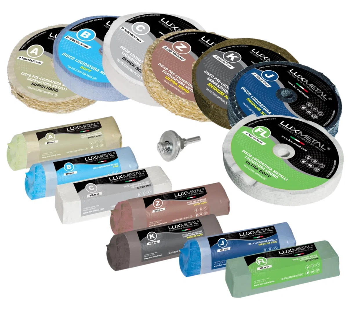Lux Metal Kit Lucidatura 7 Pasta Abrasiva Lucidante 250 gr e 7 Disco Lucidatura 100 mm in Cotone Trapano Mola Dischi Per Lucidare Acciaio Inox Metalli Alluminio Set Lucida Ottone Cromature feltro Rame
