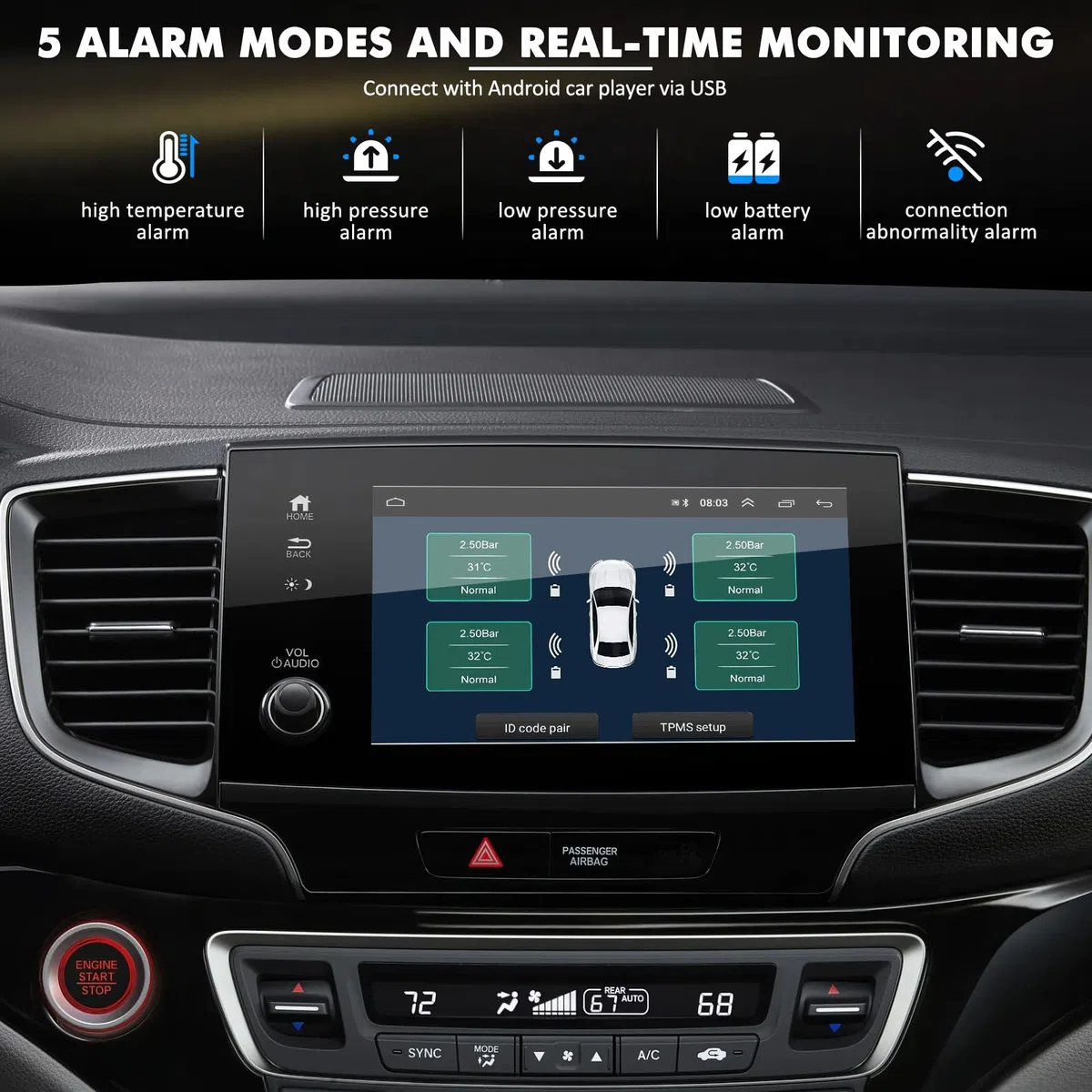 Sistema di monitoraggio della pressione dei pneumatici per auto con ricarica USB, per display di navigazione Android, strumento universale TPMS per la pressione degli pneumatici con 4 sensori