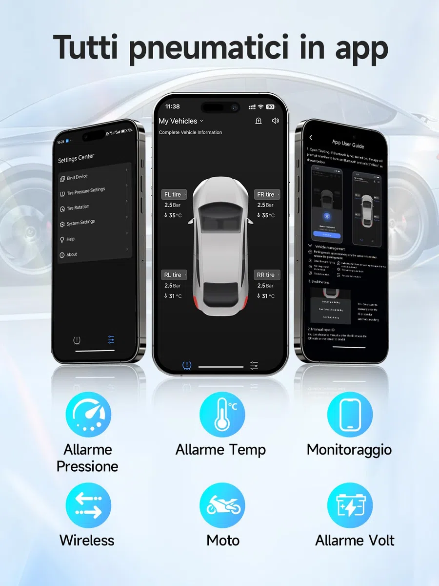 Moman Moto TPMS 4 Monitor di pressione dei pneumatici e temperatura con funzione di allarme, compatibile solo con iOS e Android
