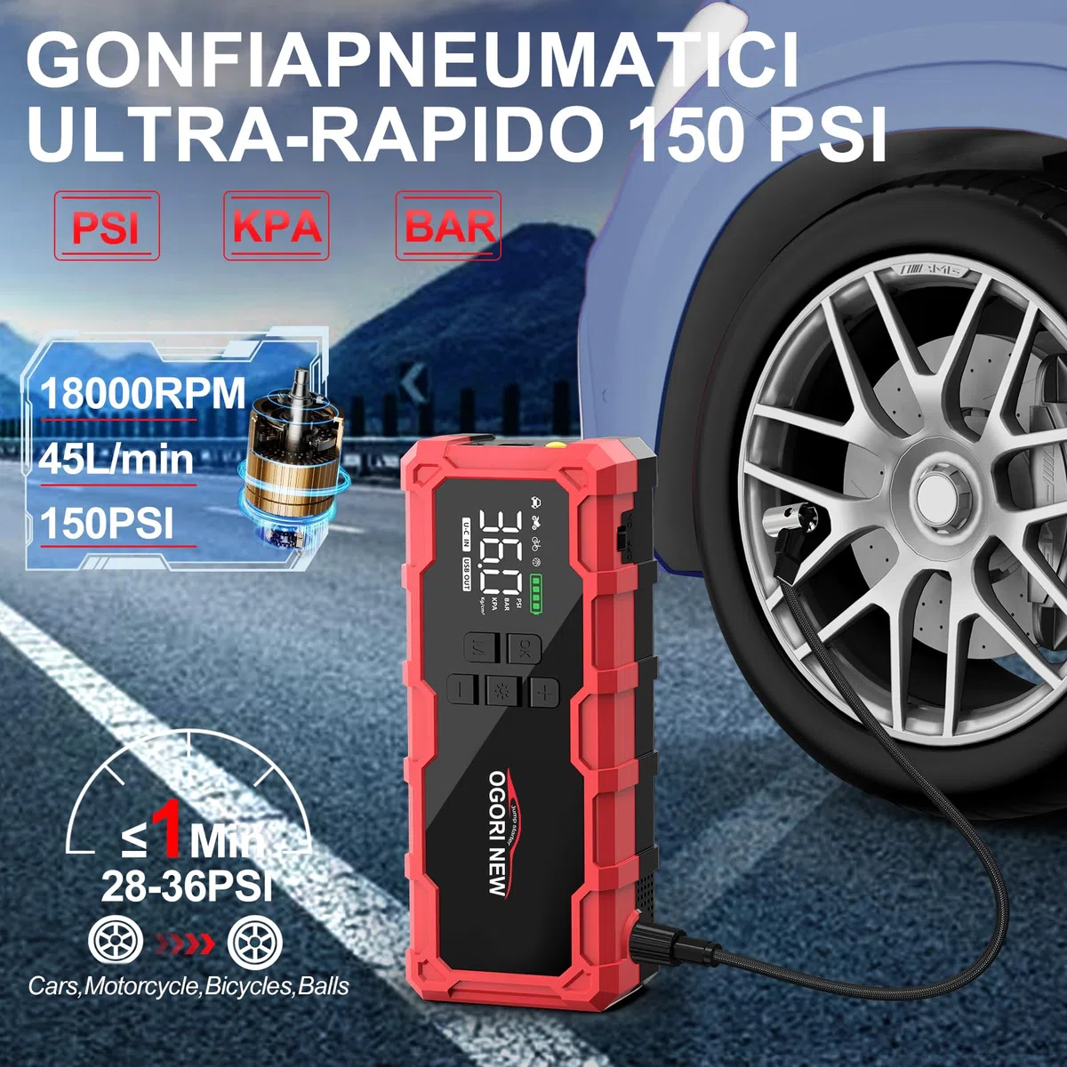Avviatore Batteria con Compressore 150PSI,7000A Booster Avviamento Auto,Starter Batteria Auto con Torcia, Ricarica USB (8.0L Diesel/10.0L Benzina)