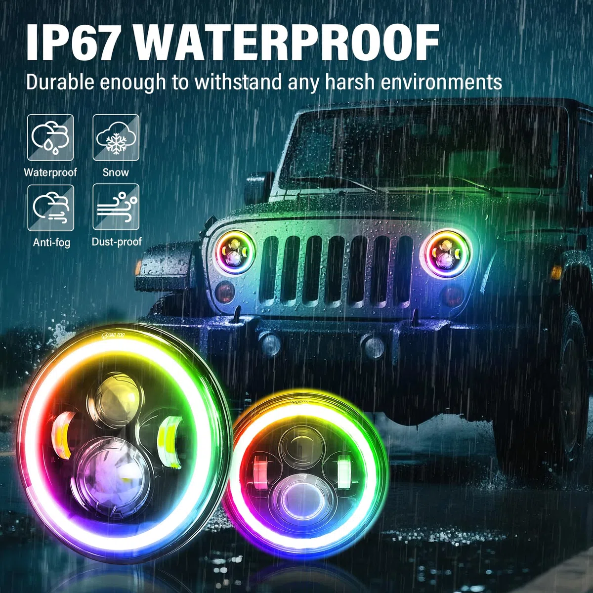 RIGIDON 2x 7 Pollici 50W Fari Led, 5000 LM Faro a Led Bianco + RGB 4 Modalità Di Illuminazione, Rotonde Luci Fuoristrada Hi/Lo Fascio DRL Anteriore Faro Lampada per Wrangler JK TJ LJ CJ Hummer