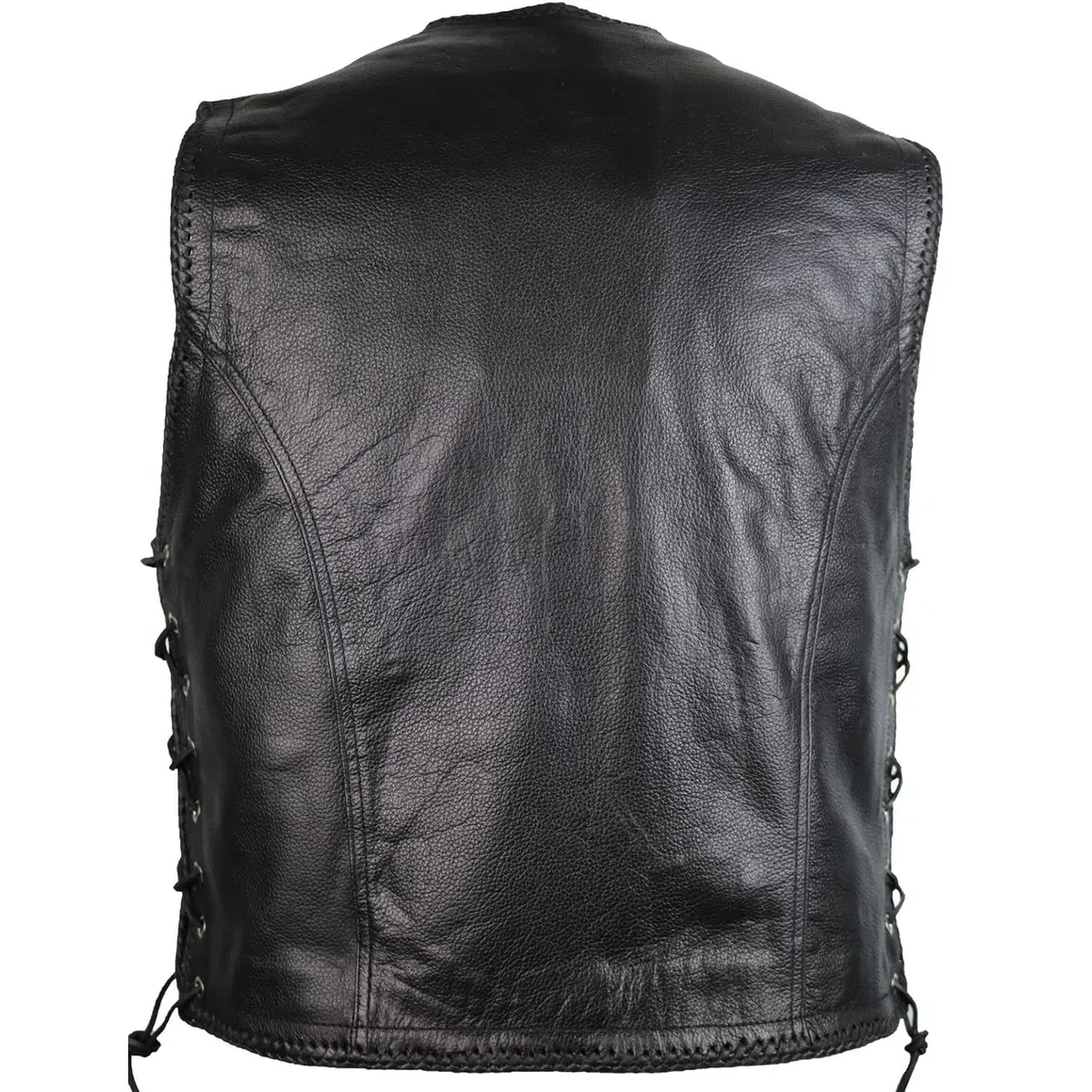 MDM Gilet pelle uomo moto, in vera pelle bovina nera, stile biker con chiusura a bottoni a pressione, bordi intrecciati in cuoio e lacci laterali, ideale per patch e loghi da club
