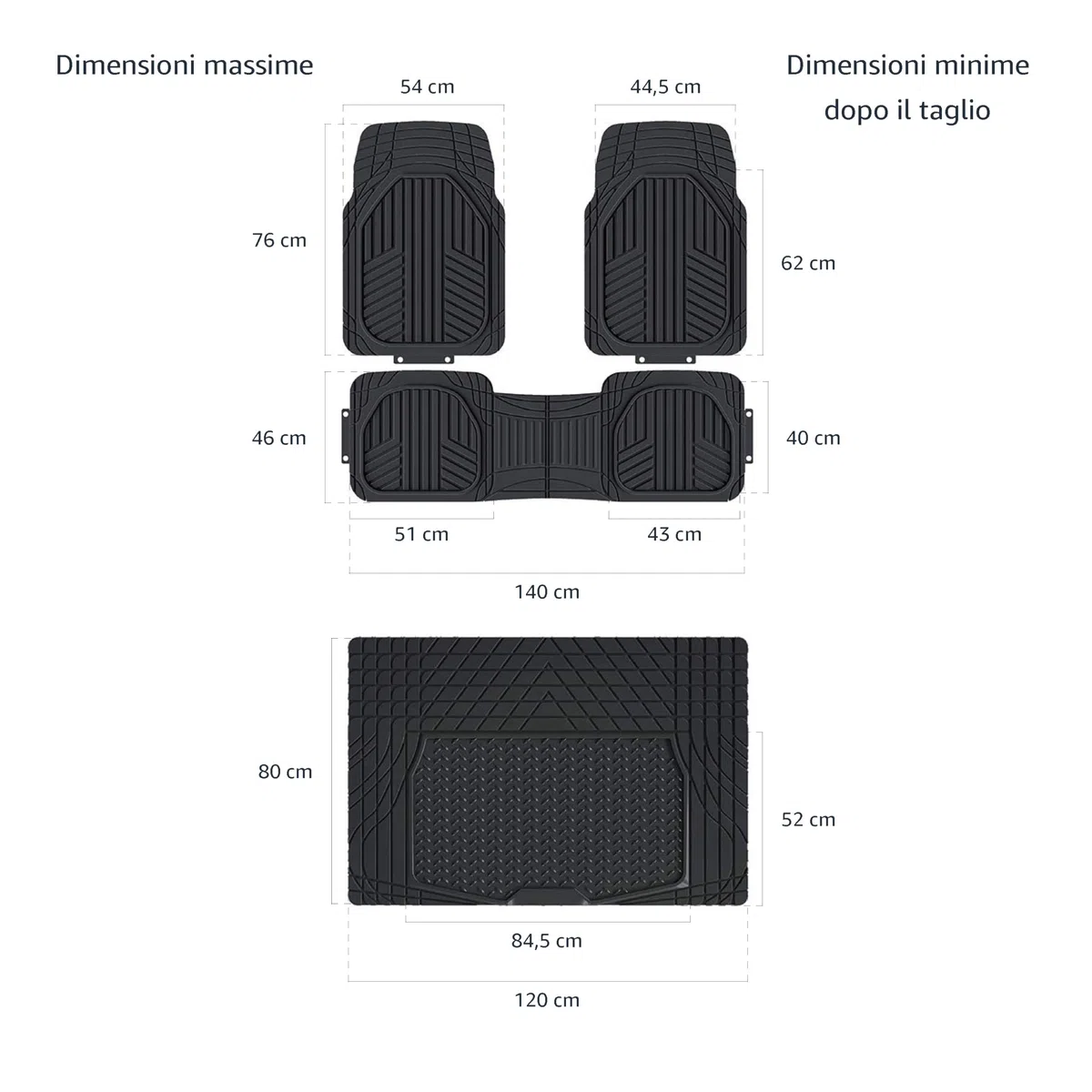 Amazon Basics 4 unità da tappetini in PVC resistente, per auto, SUV, camion, per tutte le stagioni, tappetino del bagagliaio incluso, Nero