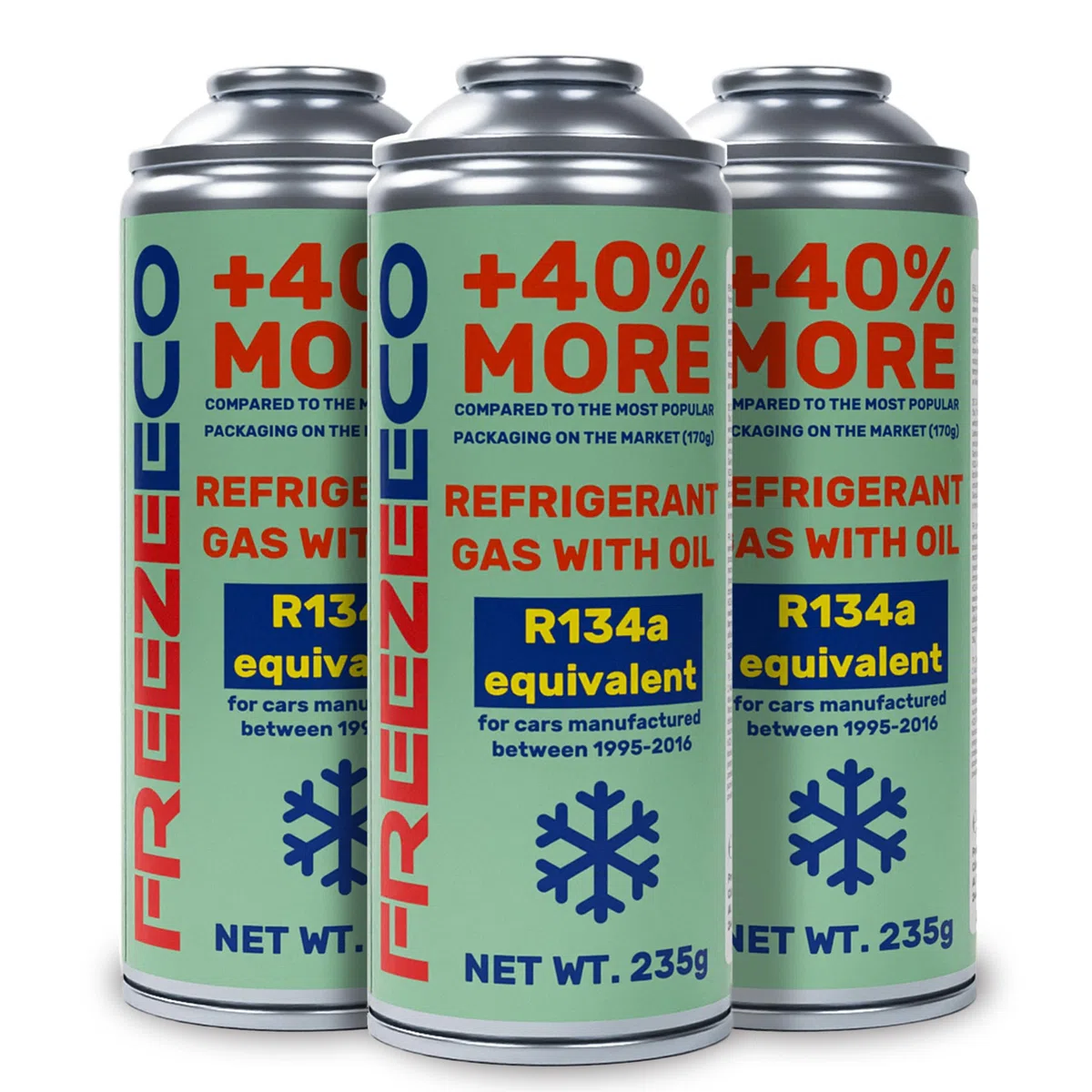 FREEZECO 2 in 1-3 lattine R134a, refrigerante di ricambio per il riempimento di condizionatori d'aria per auto 1995-2016, 235 g