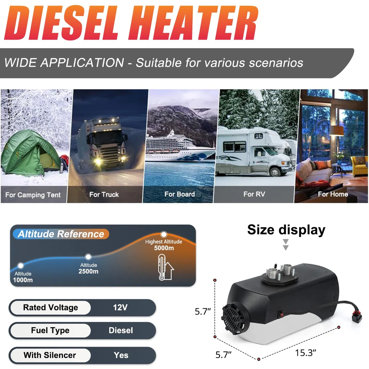 Triclicks Riscaldatore Diesel ad Aria 12 V 5 KW riscaldatore di parcheggio Diesel con silenziatore Interruttore LCD Telecomando 10 L Serbatoio per Camion, Barca, rimorchi Auto, Camper (Stile 10)