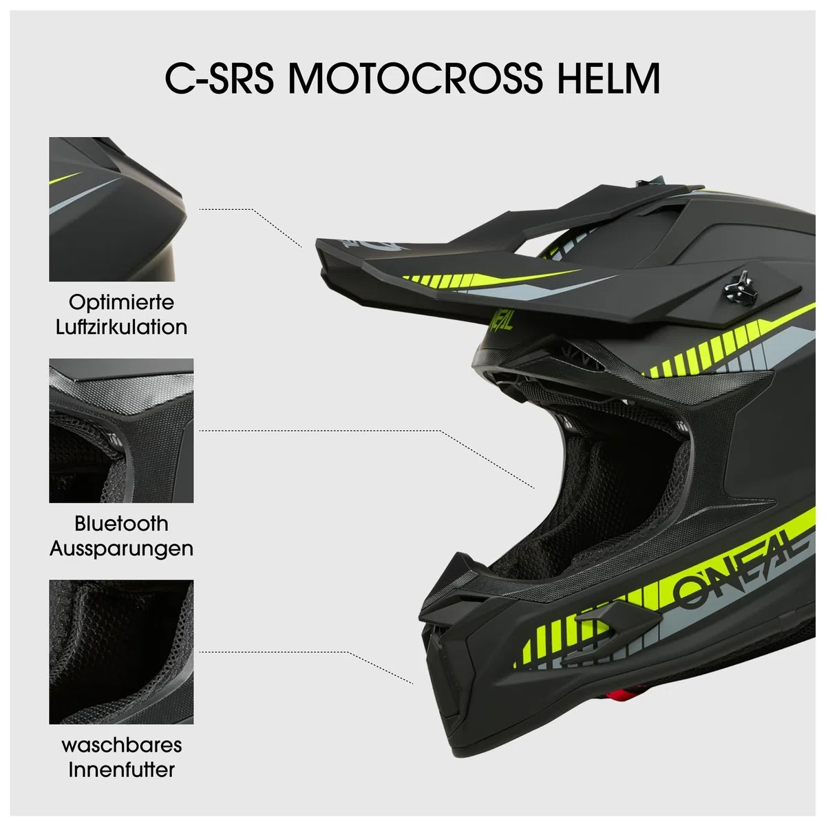 O'NEAL C-SRS Casco da motocross, MX Enduro, forte guscio in ABS, fodera interna imbottita e lavabile, ventilazione ottimale, chiusura di sicurezza microlock per adulti (giallo neon M)