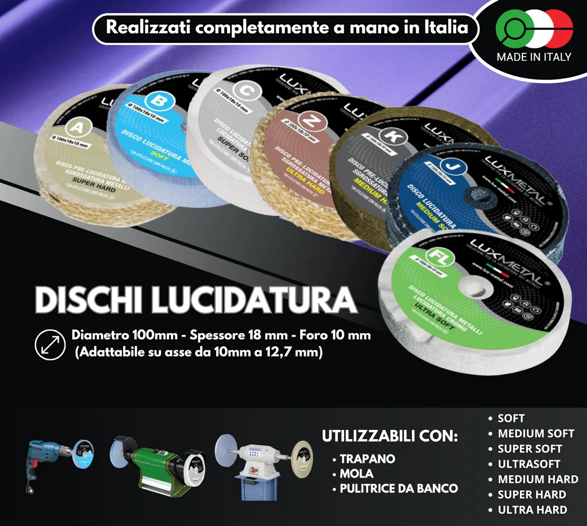 Lux Metal Kit Lucidatura 7 Pasta Abrasiva Lucidante 250 gr e 7 Disco Lucidatura 100 mm in Cotone Trapano Mola Dischi Per Lucidare Acciaio Inox Metalli Alluminio Set Lucida Ottone Cromature feltro Rame